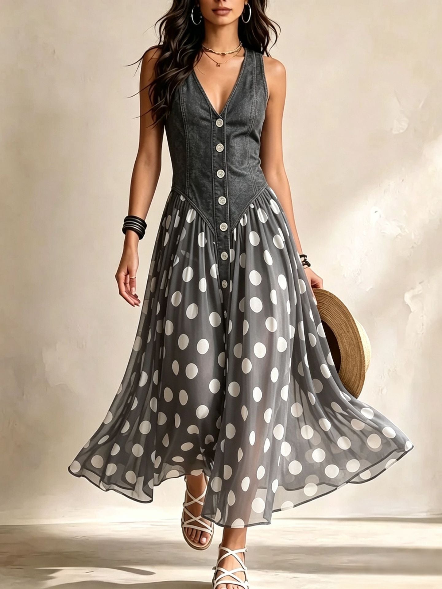 Aveline | Long Denim Dress with Polka Dots