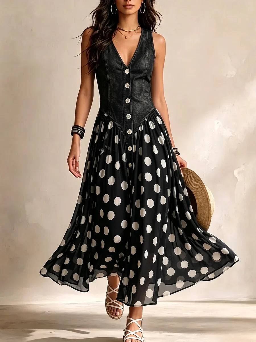 Aveline | Long Denim Dress with Polka Dots