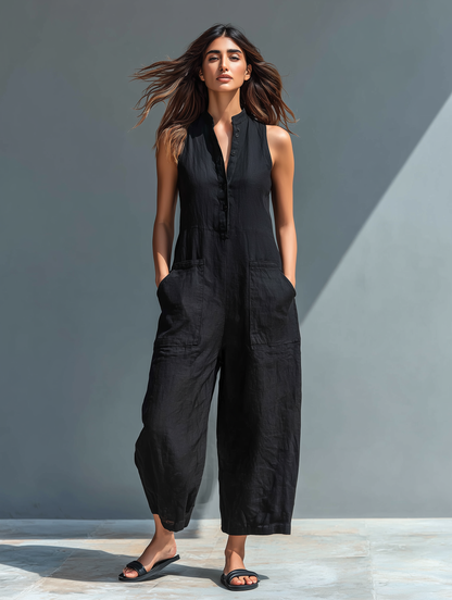 Sleeveless linen overalls