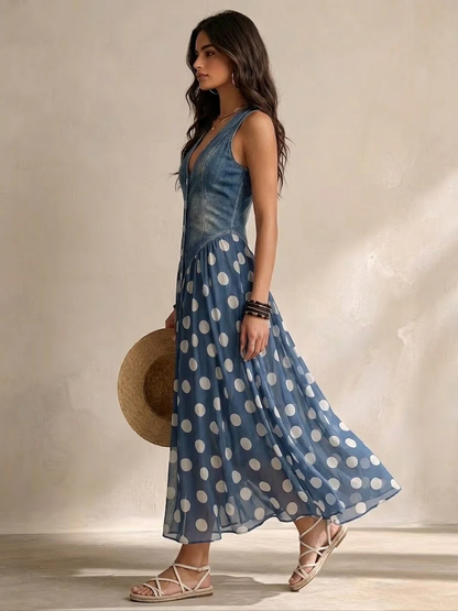 Aveline | Long Denim Dress with Polka Dots