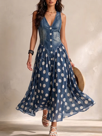Aveline | Long Denim Dress with Polka Dots