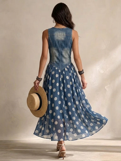Aveline | Long Denim Dress with Polka Dots