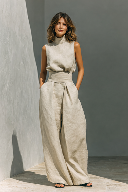 Aveline - A minimalist cotton-linen set for women featuring a tank top and wide-leg pants