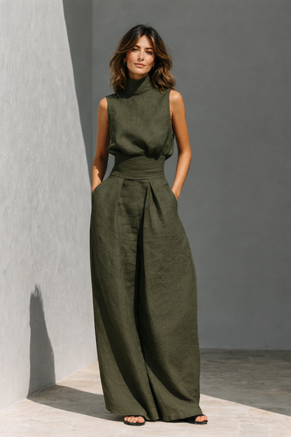 Aveline - A minimalist cotton-linen set for women featuring a tank top and wide-leg pants