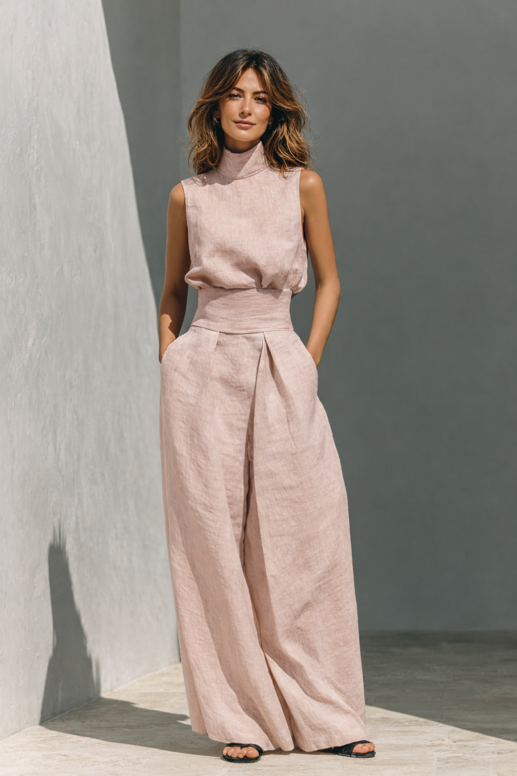 Aveline - A minimalist cotton-linen set for women featuring a tank top and wide-leg pants