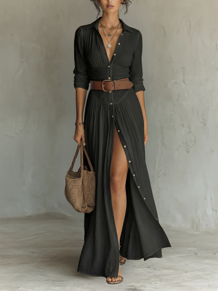 Amelia™ — Elegant maxi dress with a lapel collar