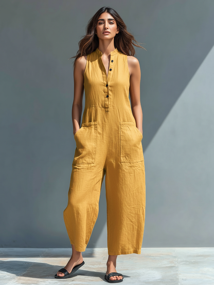 Sleeveless linen overalls