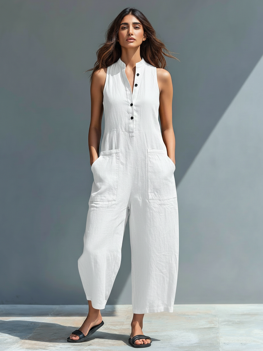 Sleeveless linen overalls