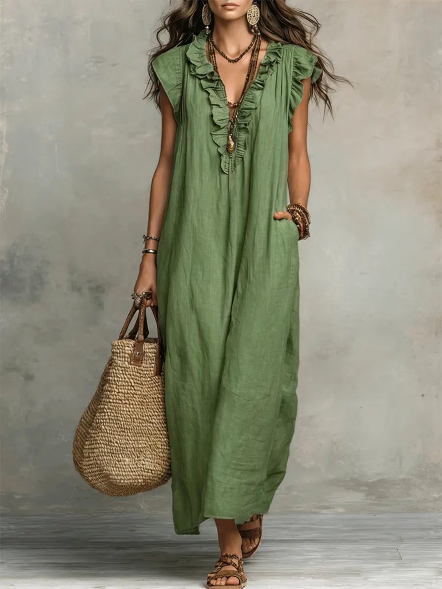 Aveline | Long Bohemian Dress in Linen and Cotton