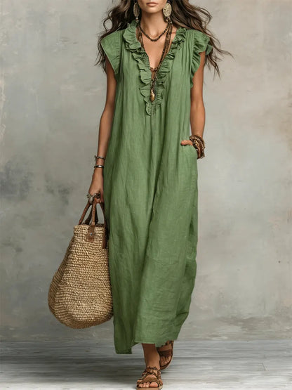 Aveline | Long Bohemian Dress in Linen and Cotton