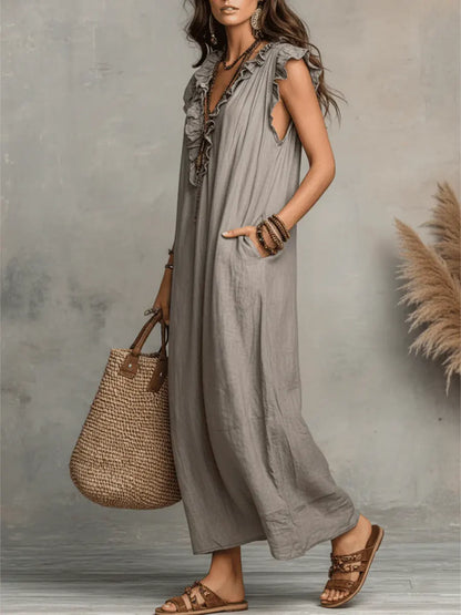 Aveline | Long Bohemian Dress in Linen and Cotton