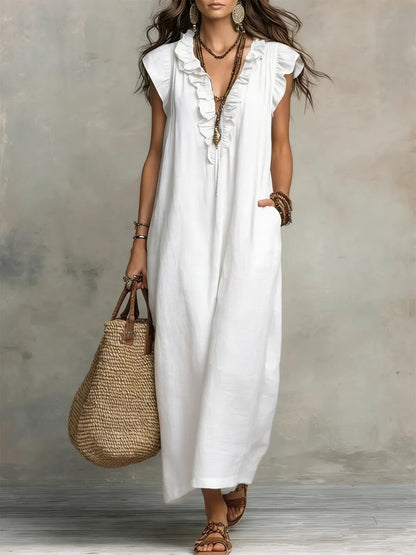 Aveline | Long Bohemian Dress in Linen and Cotton