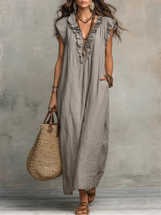 Aveline | Long Bohemian Dress in Linen and Cotton